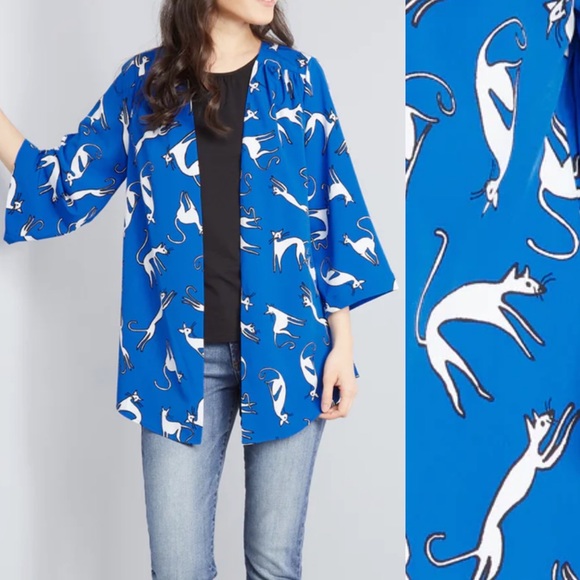 Modcloth Sweaters - ModCloth Breezy Bliss Kimono Open Front Cardigan: Cats Novelty Print Blue White